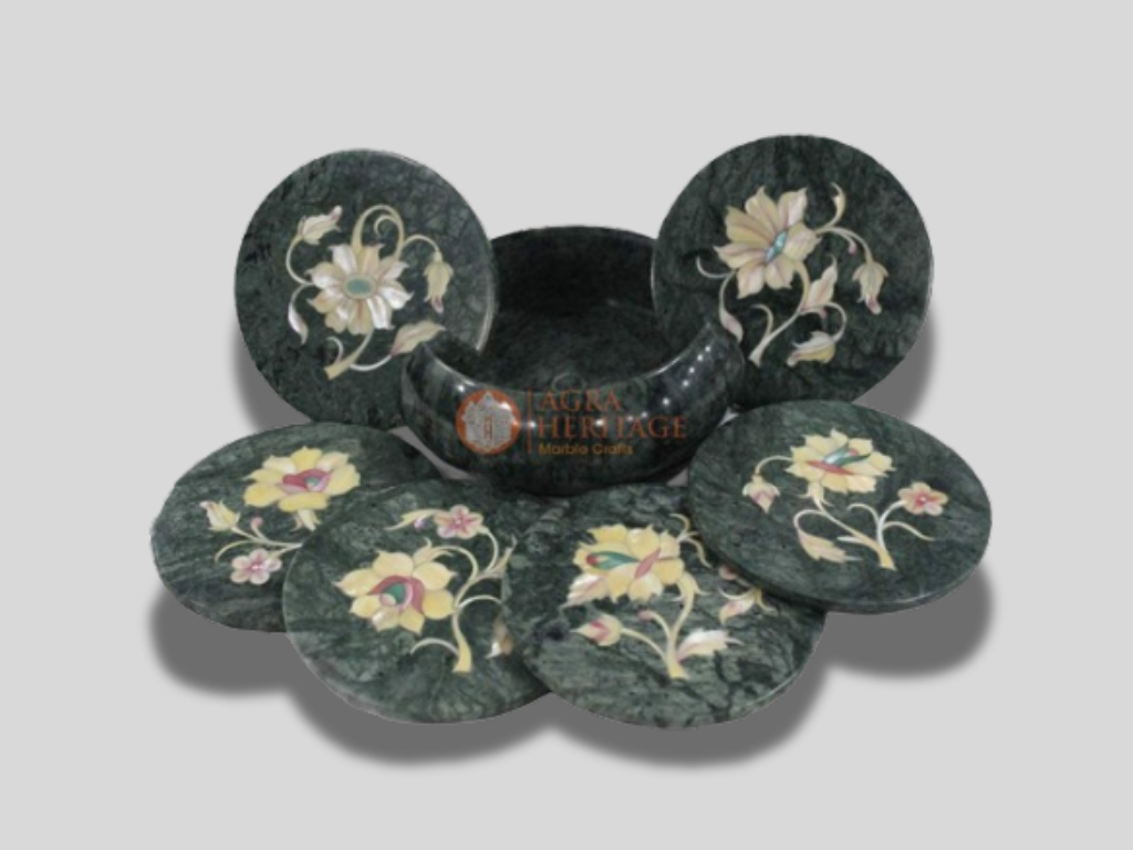 Green Round Marble Coaster Set Mother of Pearl Floral Inlay